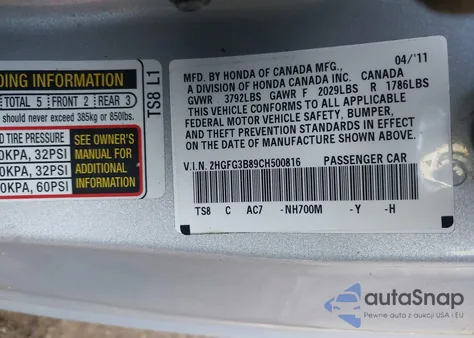 2012 Honda Civic Ex из США, поврежденный, VIN 2HGFG3B89CH500816